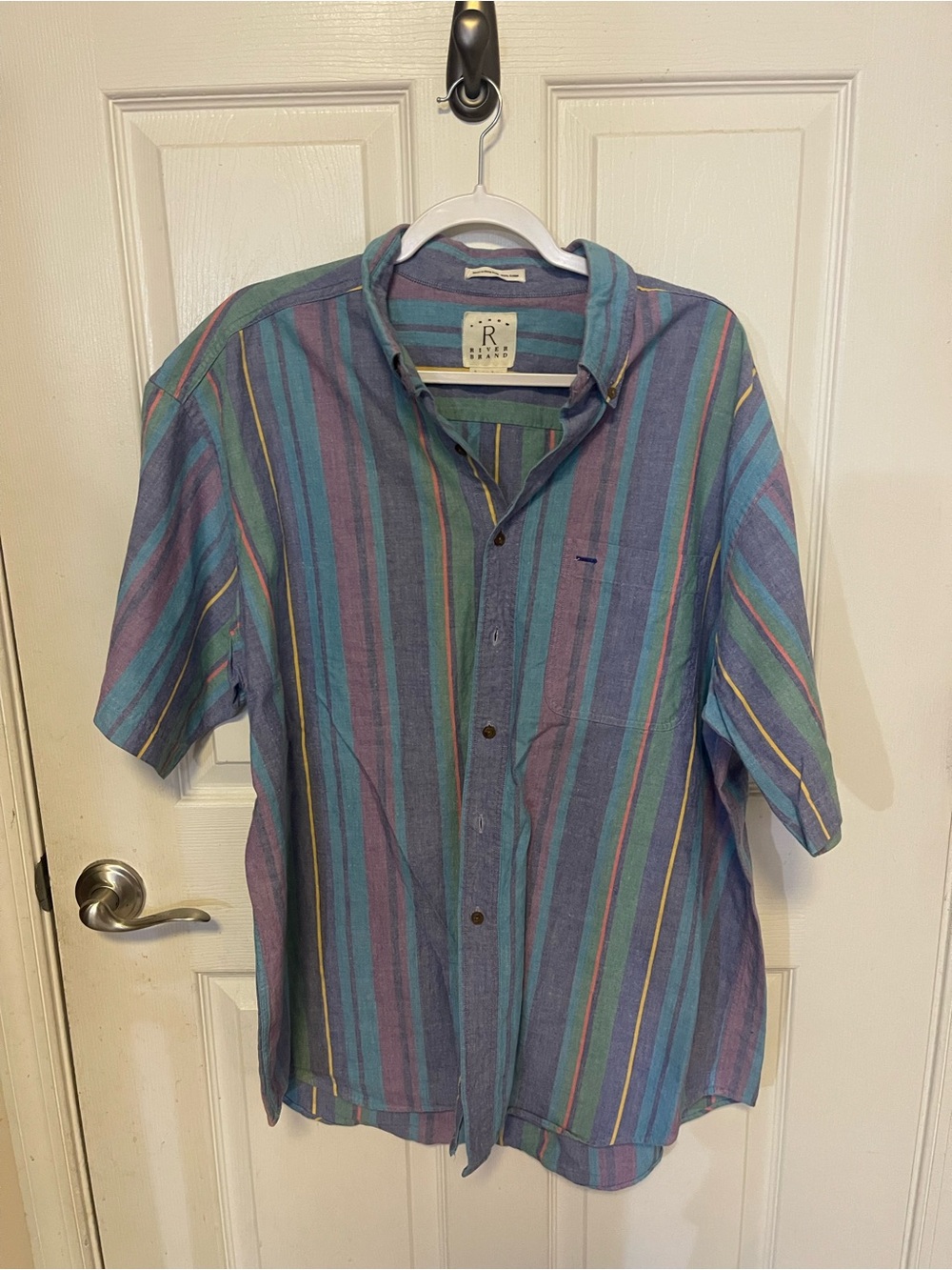 Bass Short-Sleeve Striped Button-Up Shirt in Blue, Purple & Green